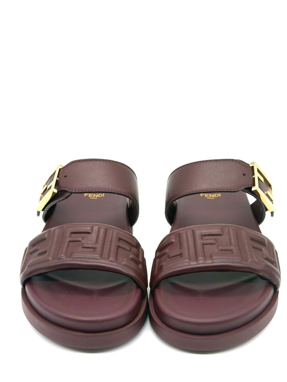 FENDI Feel FF Logo Double Band Flat Leather Slide Dad Sandals Shoes Plum - Picture 5 of 14